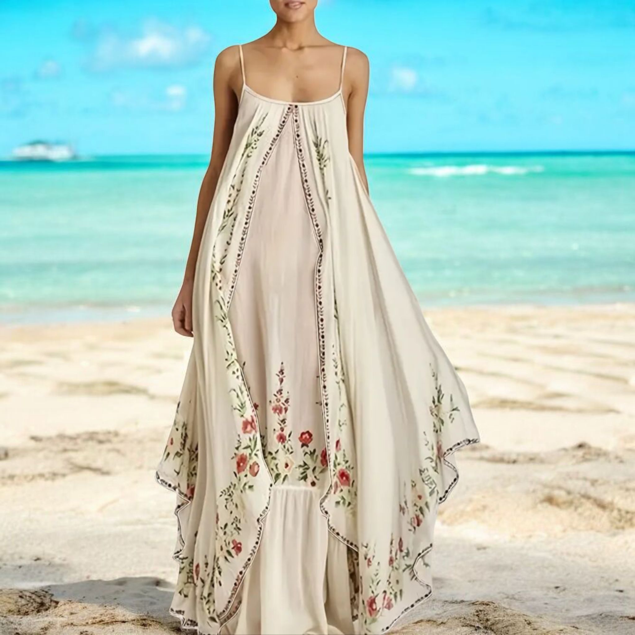 Bohemian Flowy Duet 1 Piece Maxi Dress With Spaghetti Straps